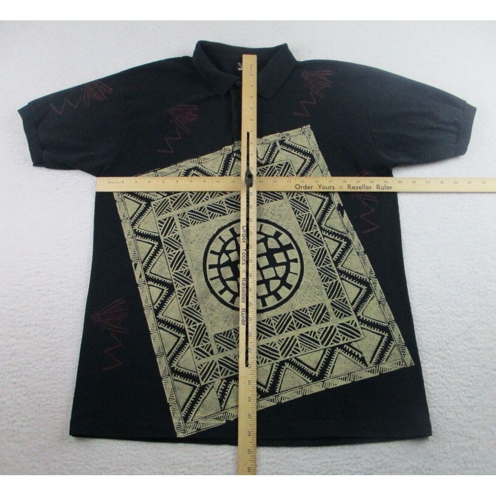 VTG‎ Screen Stars Polo Shirt Mens XL Black Tribal Art Print Short Sleeves Casual - Picture 6 of 9